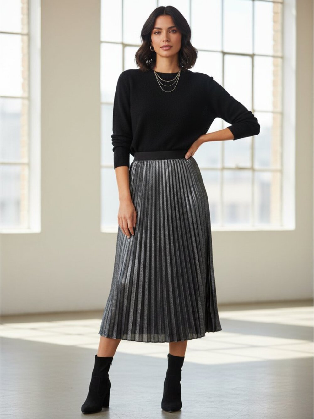 Caslon Pleated Metallic Midi Skirt Silver XL Shimmer Statement Skirt